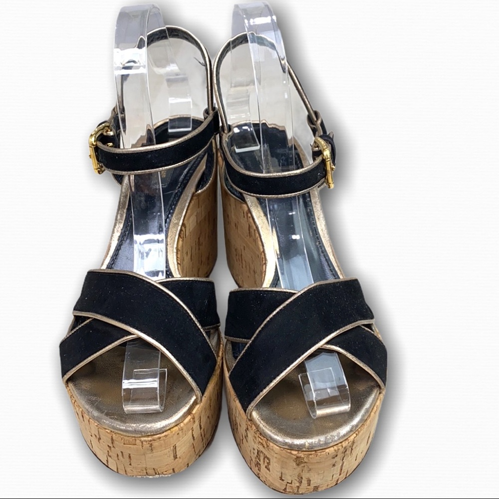 Dolce & Gabbana Black Velvet Gold Leather Wedges - Picture 3 of 15